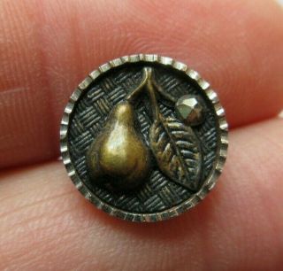 Small Antique Steel Cup Metal Picture Button Pear W/ Cut Steel (tt)