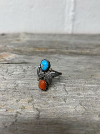 Antique Native American Vintage Turquoise Coral Ring Sterling Silver Size 7