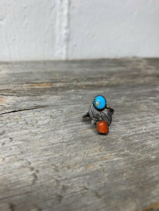 Antique Native American Vintage Turquoise Coral Ring Sterling Silver Size 7 2
