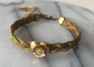 Vintage Antique A&m College Of Texas Heart Locket Braided Bracelet Gold Filled