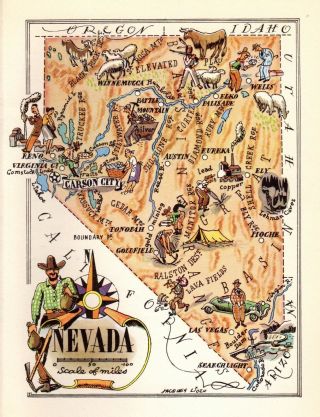 1940s Antique Animated Nevada State Map Vintage Cartoon Map Of Nevada 6622
