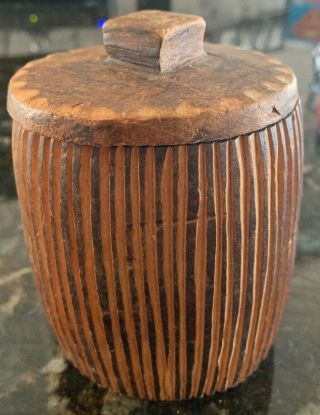 Antique Tramp Art Carved Wood Jewelry Trinket Box Bowl With Lid