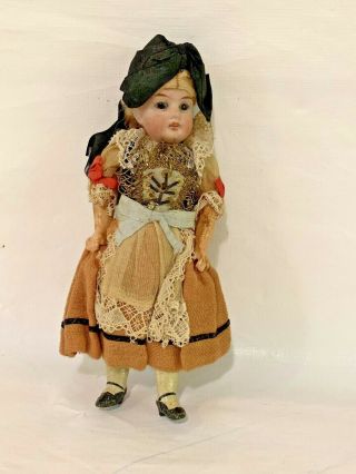 Small Antique Bisque German Girl Doll W Wonderful Costume Circa 1920 7 - 1/4 "