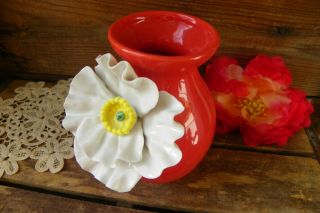 Vintage Retro Large White Poppy Flower Floral Red Orange Flowers Vase Pot Plant