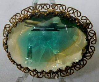 Antique Gold Tone Filigree Large Faceted Variegated Glass Stone Brooch