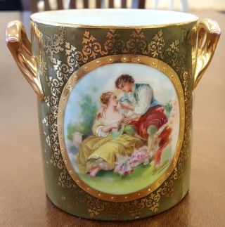 Antique Victoria Carlsbad Austria Green Gold Lovers Condensed Milk Jar Holder