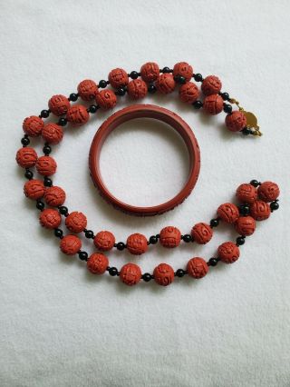 Vintage Cinnabar Necklace And Bracelet