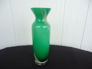 Vintage Retro Green Yellow Art Glass Vase White Interior