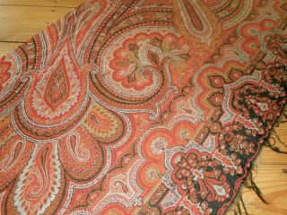 Antique 19thc Paisley Wool Fabric Piece 2 Red Tangerine Rust Green Brown