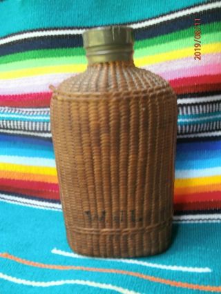Antique Straw Covered Glass Flask W.  J.  L.  1822 Woven Wicker Pre Civil War Whiskey
