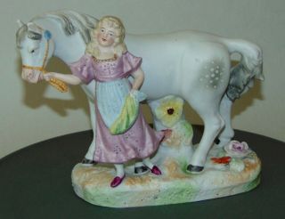 Antique Bisque Figurine Little Girl & Her Horse