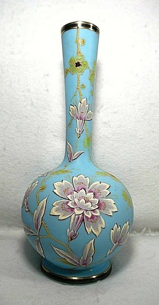 Antique Victorian Light Blue Hand Painted Enamel Flower & Gilt Glass Vase