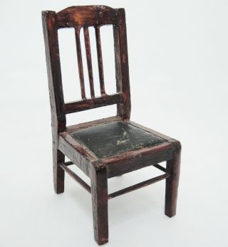 Dollhouse Miniature Vintage Wooden Straight Back Chair With Leather Seat