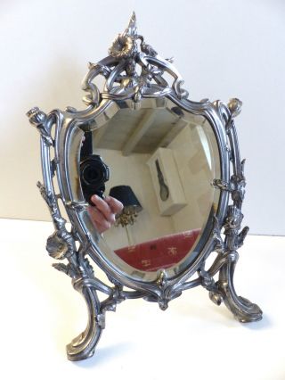 Antique French Art Nouveau Metal Table Vanity Mirror 1890 