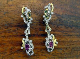 Vintage Gold Palladium Antique Art Deco Ruby Diamond Chandelier Drop Earrings