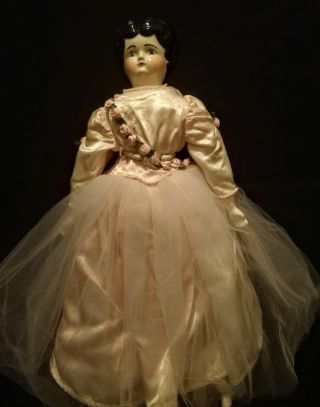 Vintage Ethel China Head Doll 16 " Pink Dress & Stand