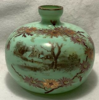 Antique 19th C.  Victorian Hand Painted & Enameled Opaque Green Glass Vase - 5.  5 "