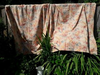 Vintage Curtains Linen Fabric Floral Print 1940s Pair 44x52 " Metal Curt