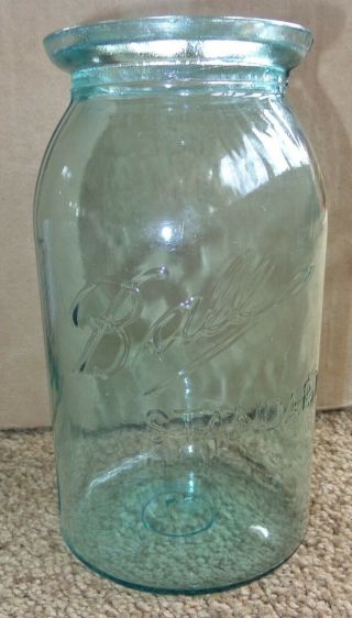 Vintage Antique Greenish Blue Glass Ball Standard Wax Seal Quart Jar Wavy G3