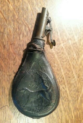 Antique Leather Shotgun Shot Flask With Hunting Dog