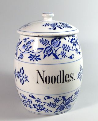 Large German Flow Blue Porcelain " Noodles " Onion Pattern Kitchen Spice Jar