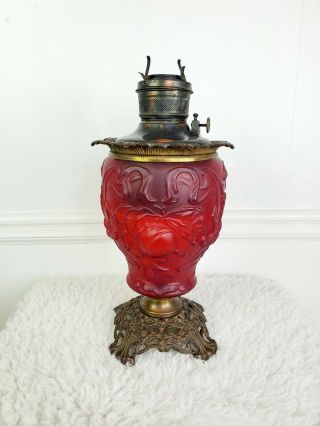 Antique Fostoria Red Satin Glass Oil Lamp Banquet Palor Lamp Victorian Lamp