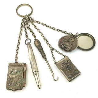 Antique Ww1 Chatelaine With Ypres Book,  Pen,  Notebook,  Button Hook And Mirror