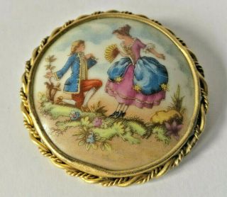 Antique Limoges Hand Painted Porcelain Brooch Courting Couple Sweethearts Ref4