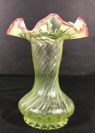 Antique Vasline Glass Vase With Cranberry Ruffled Top 7””