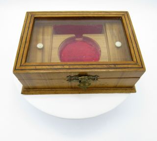 Antique Wooden Jewelry Box Case With Beveled Glass Lid & Pocket Watch Holder,  Nr