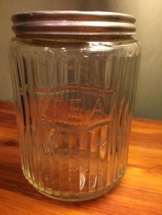 Sellers Hoosier Cabinet Ribbed Tea Canister Jar Clear Glass W/tin Lid