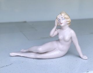 Antique German Bisque Figurine 3 1/2” Risqué Nude Blonde Sitting Up On Arm