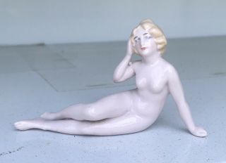 Antique German Bisque Figurine 3 1/2” Risqué Nude Blonde Sitting Up On Arm 2