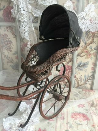 Exquisite Antique French 1900s Pram Doll Wood & Wicker Carriage Stroller Jumeau
