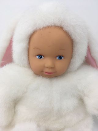 Anne Geddes White 11” Bunny Beanie Plush With Baby Face Vintage Unimax Blue Eyes