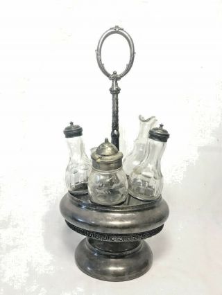 Antique Victorian Ornate Silverplate Carousel With Etched Glass Shakers