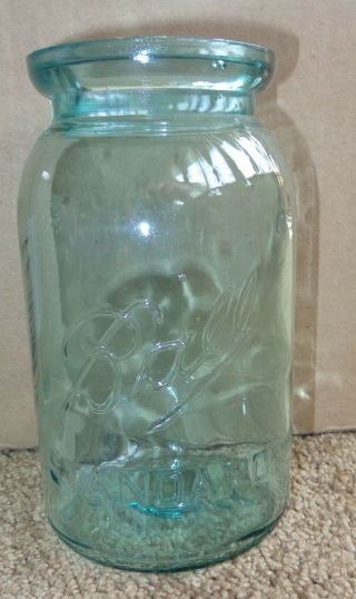 Vintage Antique Greenish Blue Glass Ball Standard Wax Seal Quart Jar Wavy J6