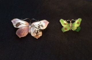 2 X Antique Signed Sterling Silver Enamel Butterfly Brooches Ja&s