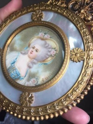 Signed French Antique Portrait Miniature Gilt Bronze Doré Mother Of Pearl Frame