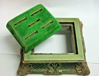 Antique 5 Ring Store Display w/ Koi Fish & Trident Carved Wood Green Velvet 5