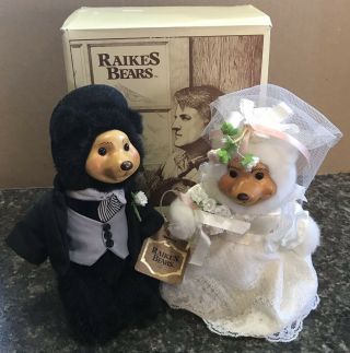 Raikes Bears Bride & Groom 8 " Plush Doll Set Wood Faces Feet Mib Vintage Wedding