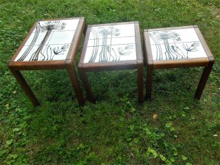Mid - Century Modern Teak Tile Top Danish Nesting,  Side Tables,  Stands.  Abstract 12