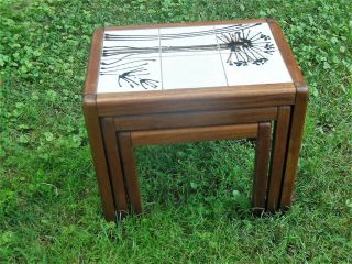 Mid - Century Modern Teak Tile Top Danish Nesting,  Side Tables,  Stands.  Abstract 2