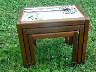 Mid - Century Modern Teak Tile Top Danish Nesting,  Side Tables,  Stands.  Abstract 3