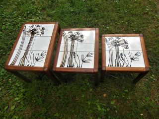 Mid - Century Modern Teak Tile Top Danish Nesting,  Side Tables,  Stands.  Abstract 7