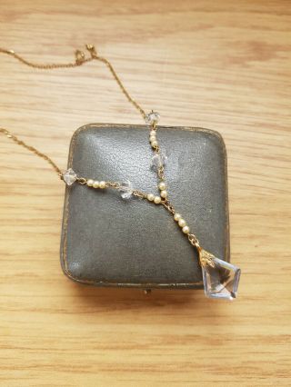Antique Art Deco Gold Tone Seed Pearl & Rock Crystal Pendant Necklace