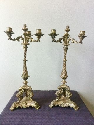 20” Tall French Neo Gothic Brass Bronze Candelabra Candlesticks