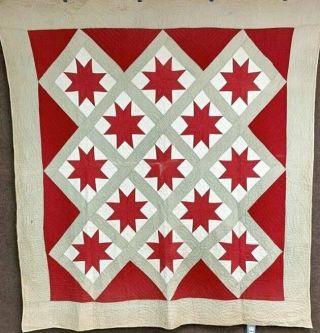 Rustic Americana Red C 1900 Stars Antique Quilt Pa Mennonite