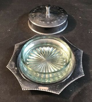 Vintage / Art Deco Silver Tray With Glass Caviar Relish Butter Dish.