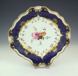 Antique English Porcelain Flower Painted Bowl - With Cobalt Blue Glazed Borders
